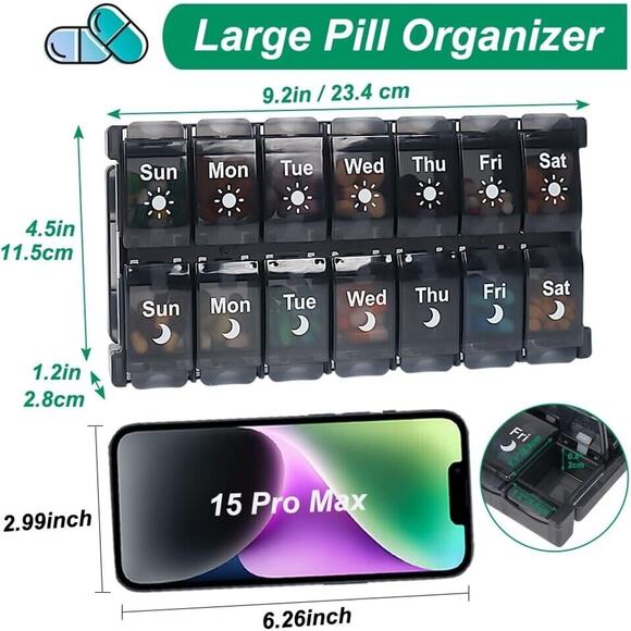 Extra Large 7 day pill organizer, Day and night Pill box, new can remove cover - Picture 2 of 7
